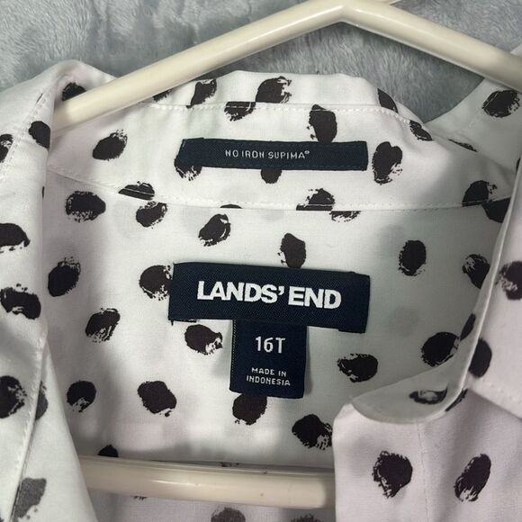 Lands End White Brown Polka Dot Collared Button Up Front Shirt Blouse Size 16 T - Picture 2 of 10